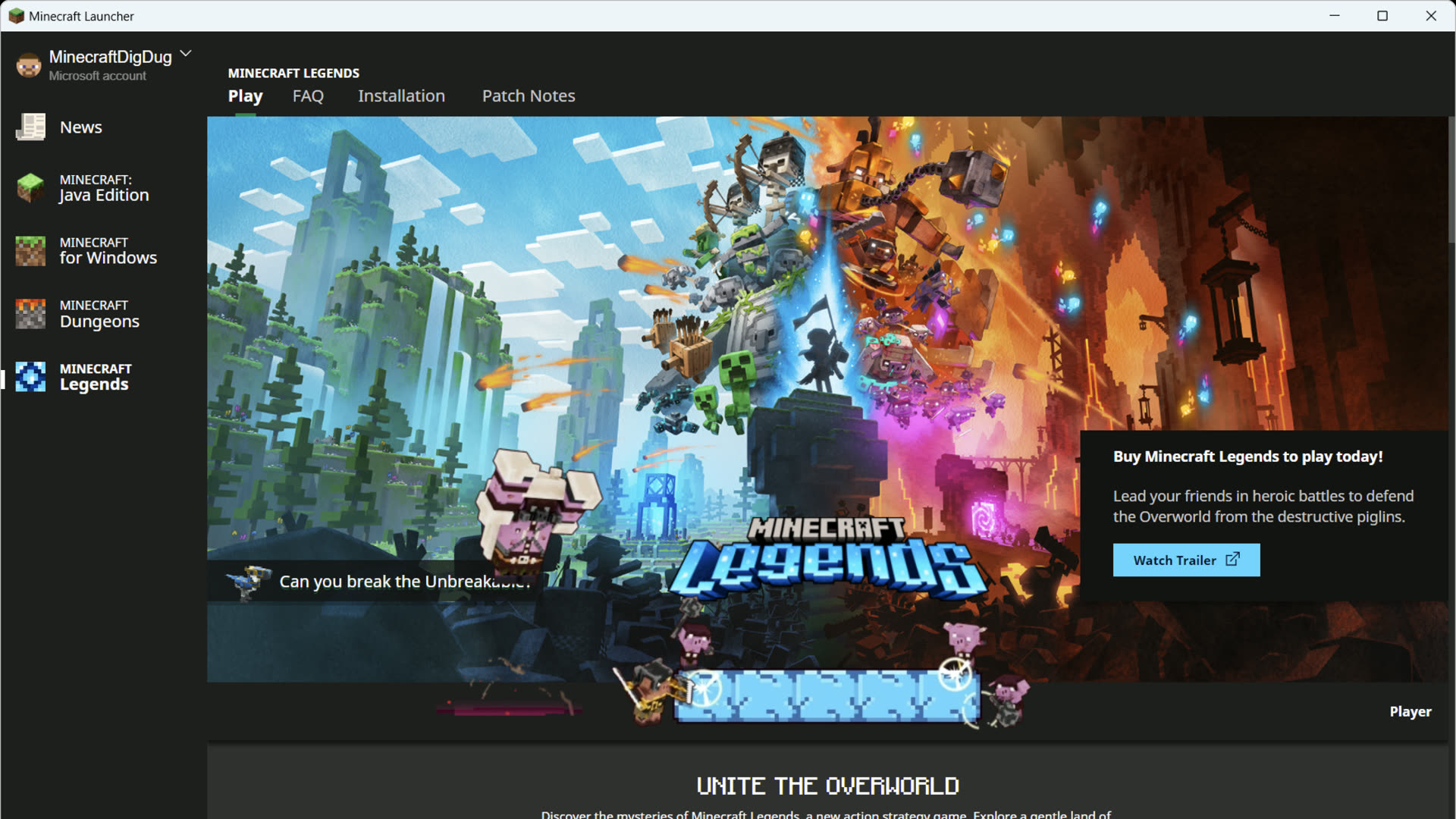 Official Minecraft Launcher showing edition cards and latest news panel