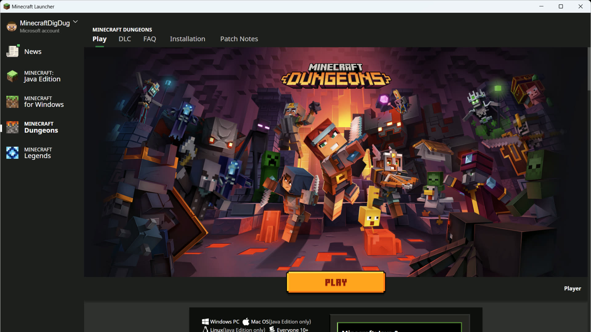 Official Minecraft Launcher home screen with edition rail and Play button